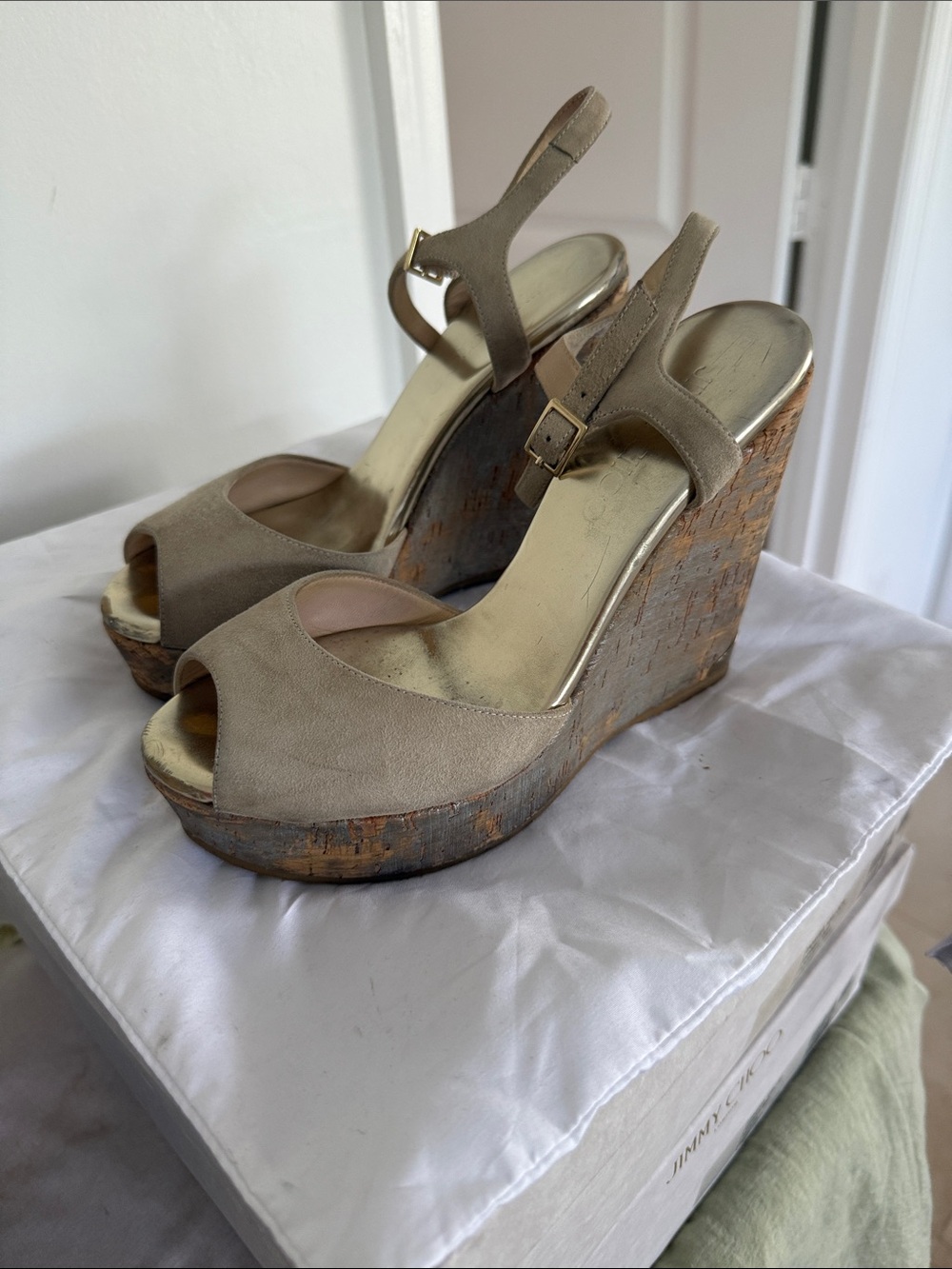 Jimmy Choo Taupe Suede Peep-Toe Cork Wedges